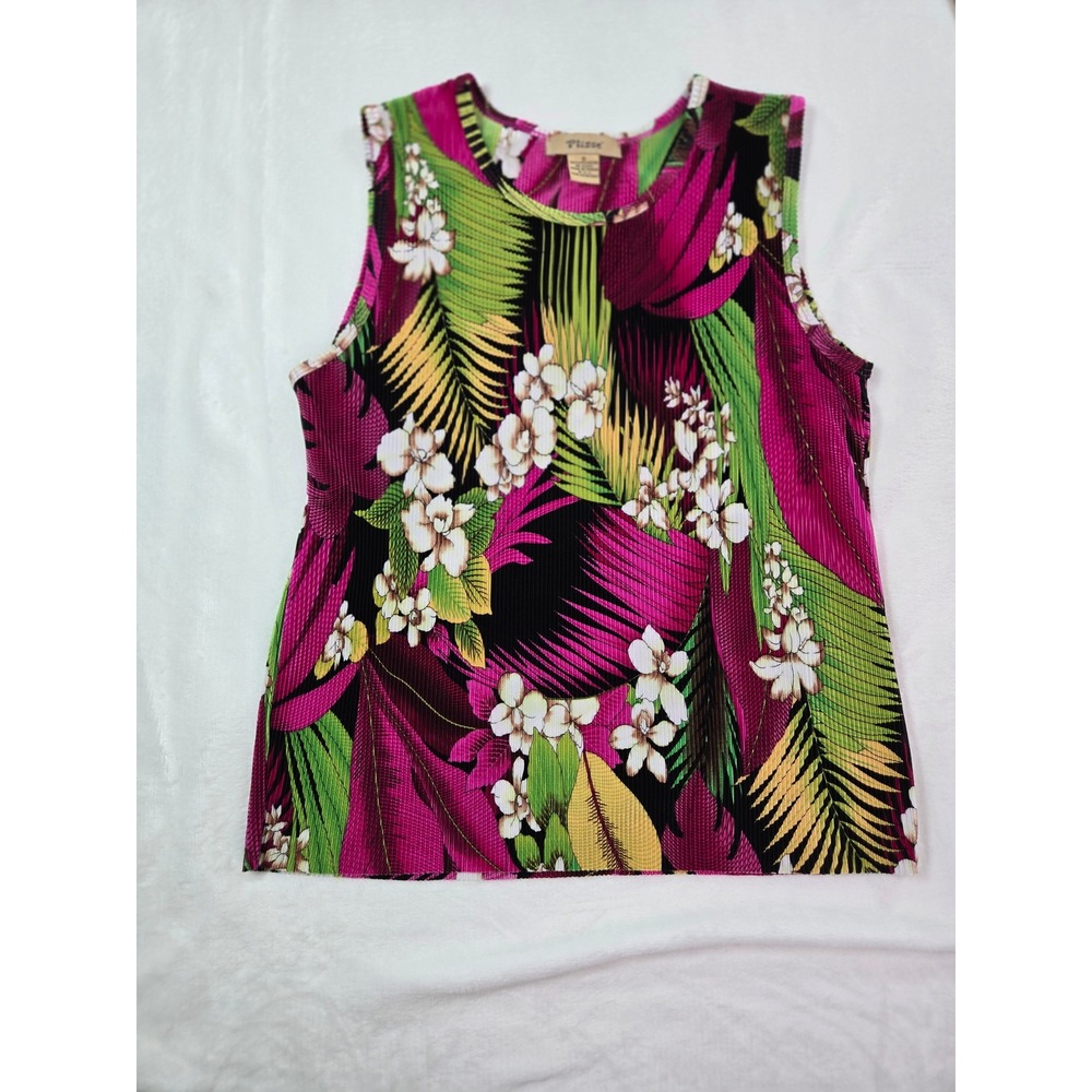 Plisse Womens Small Tropical Floral Palm Print Micro Pleat Sleeveless Tank Top